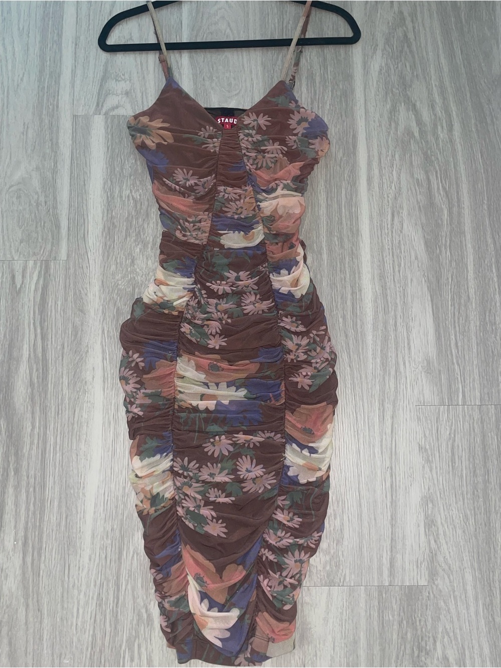 STAUD Brown Floral Ruched Midi Dress